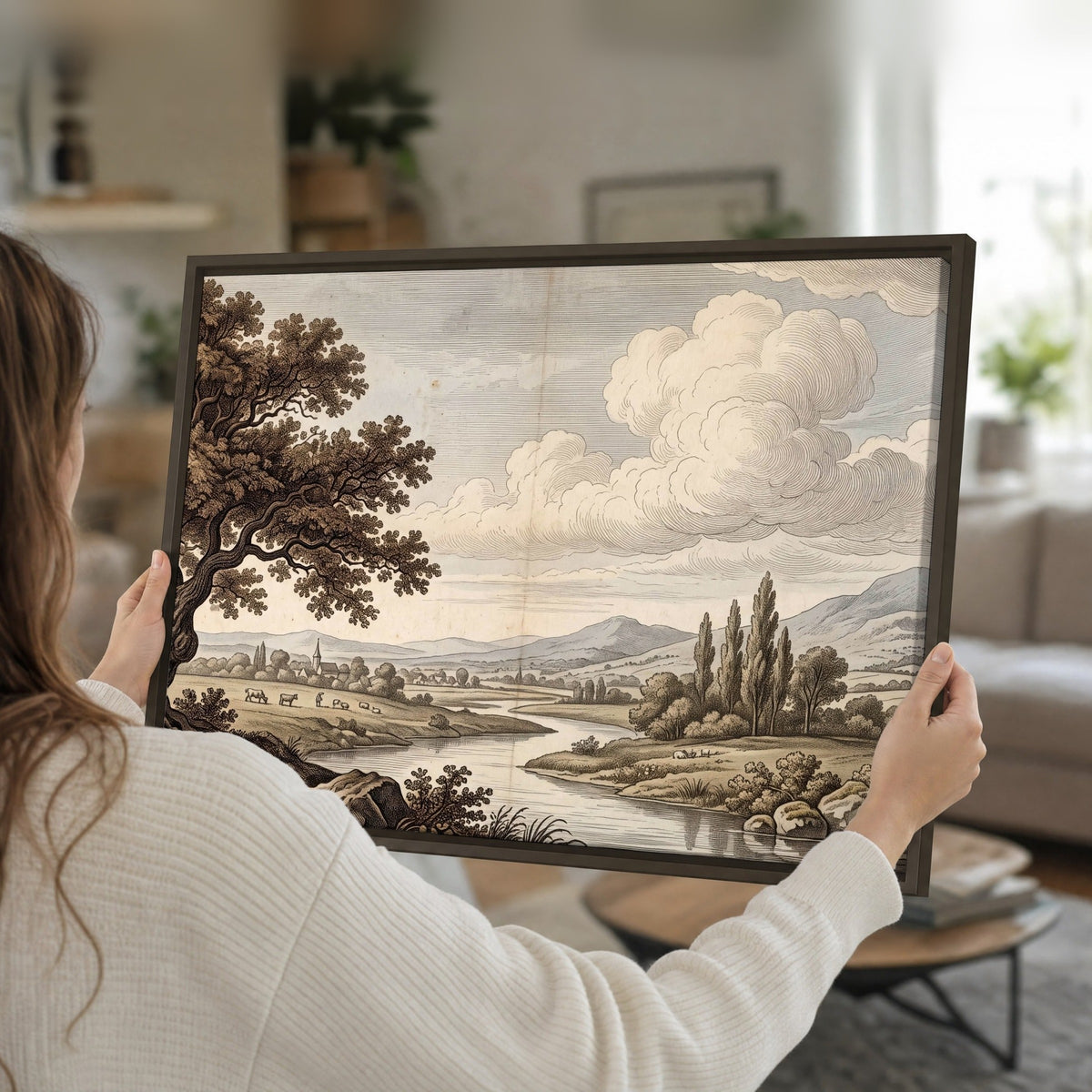 Vintage countryside engraving framed canvas held in hands
