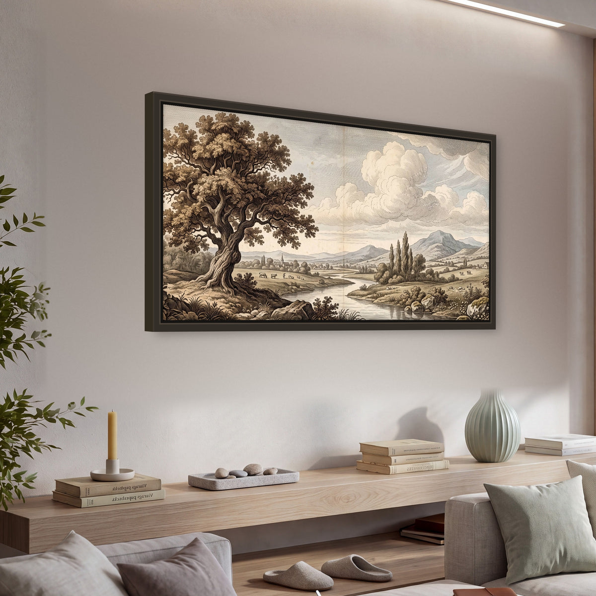 Vintage countryside engraving framed canvas wall art in a living room above a console