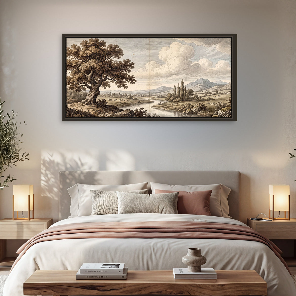 Vintage countryside engraving framed canvas wall art in a bedroom above the bed