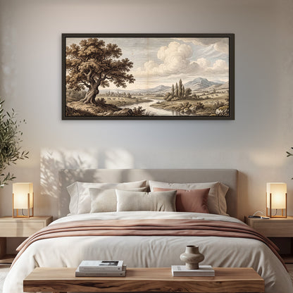 Vintage countryside engraving framed canvas wall art in a bedroom above the bed