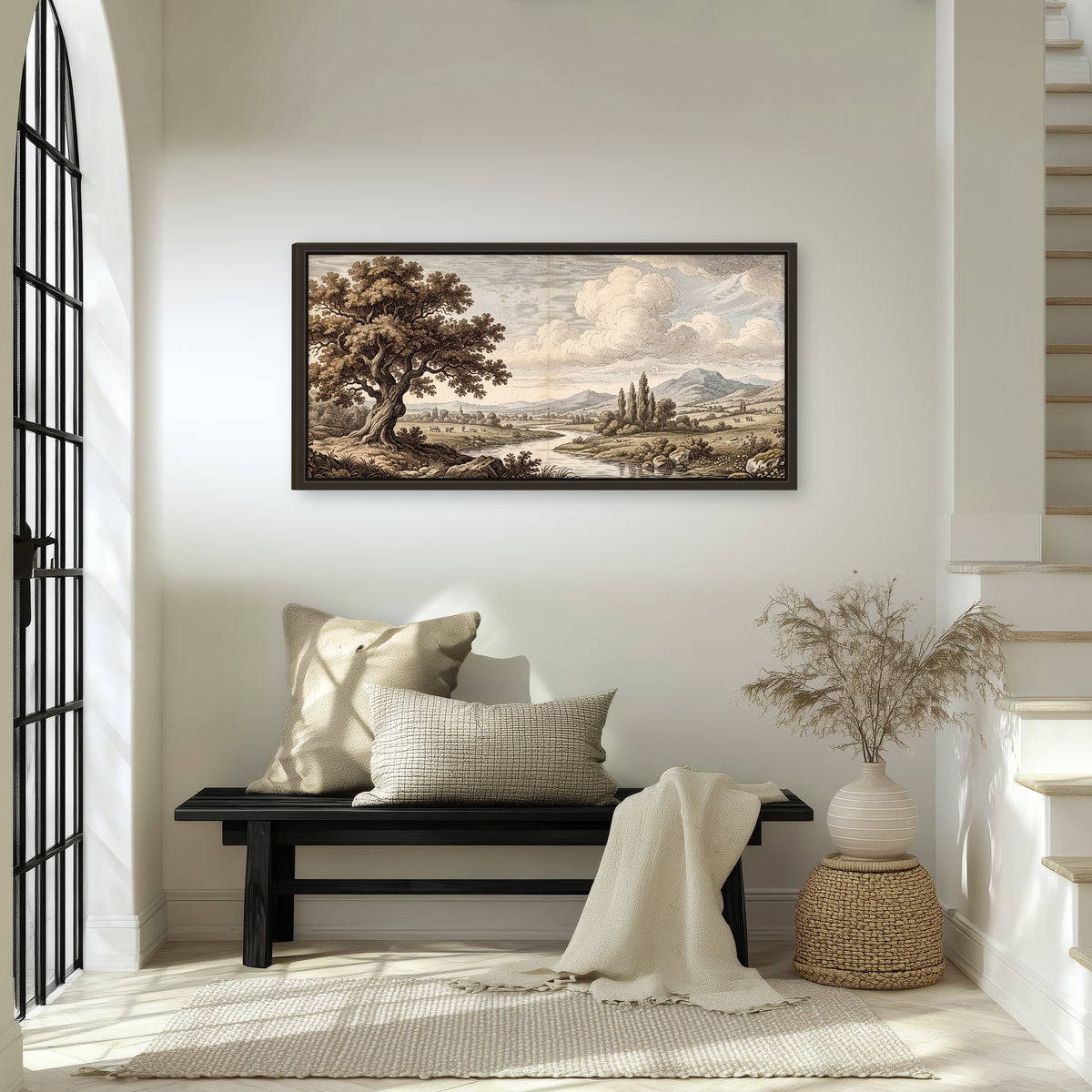 Vintage countryside engraving framed canvas wall art in an entryway above a bench