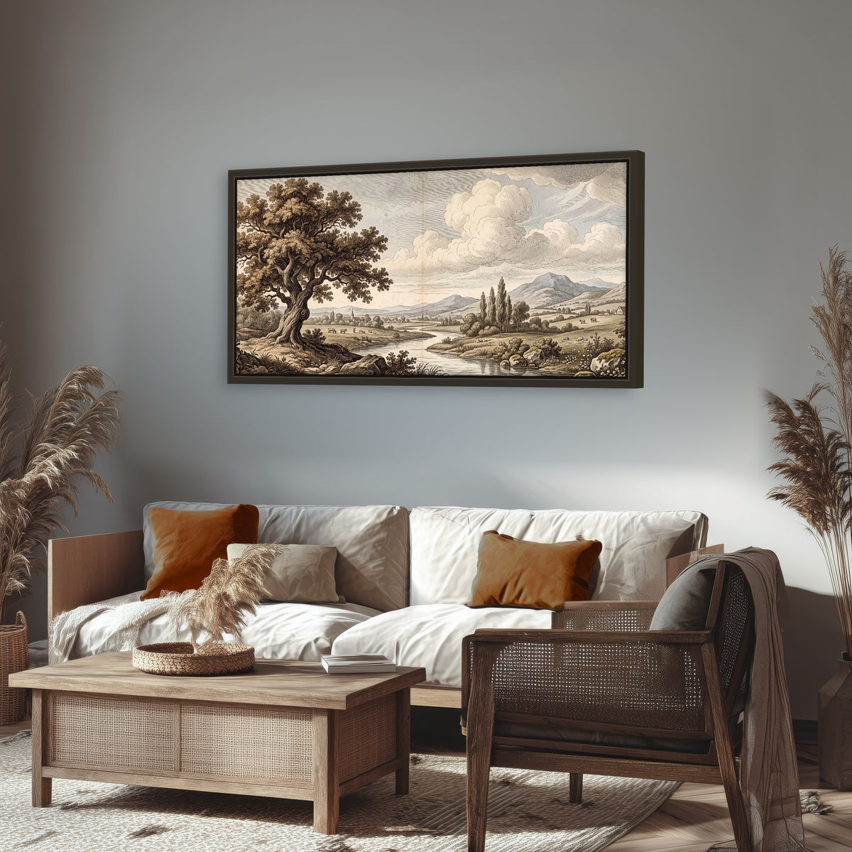 Vintage countryside engraving framed canvas wall art in a rustic living room