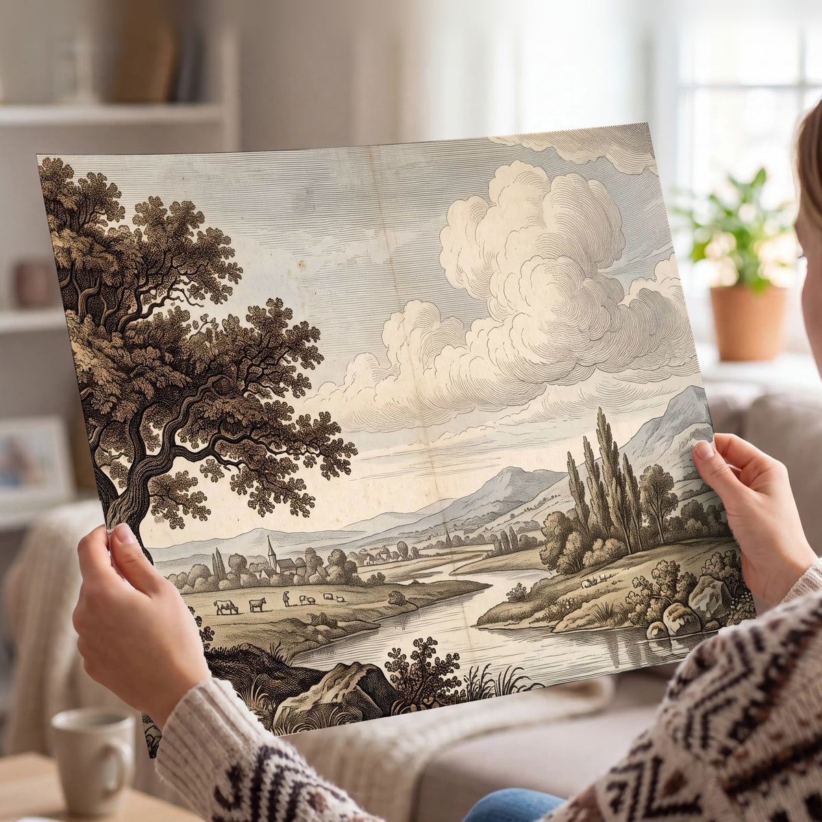 Vintage countryside engraving poster print held in hands