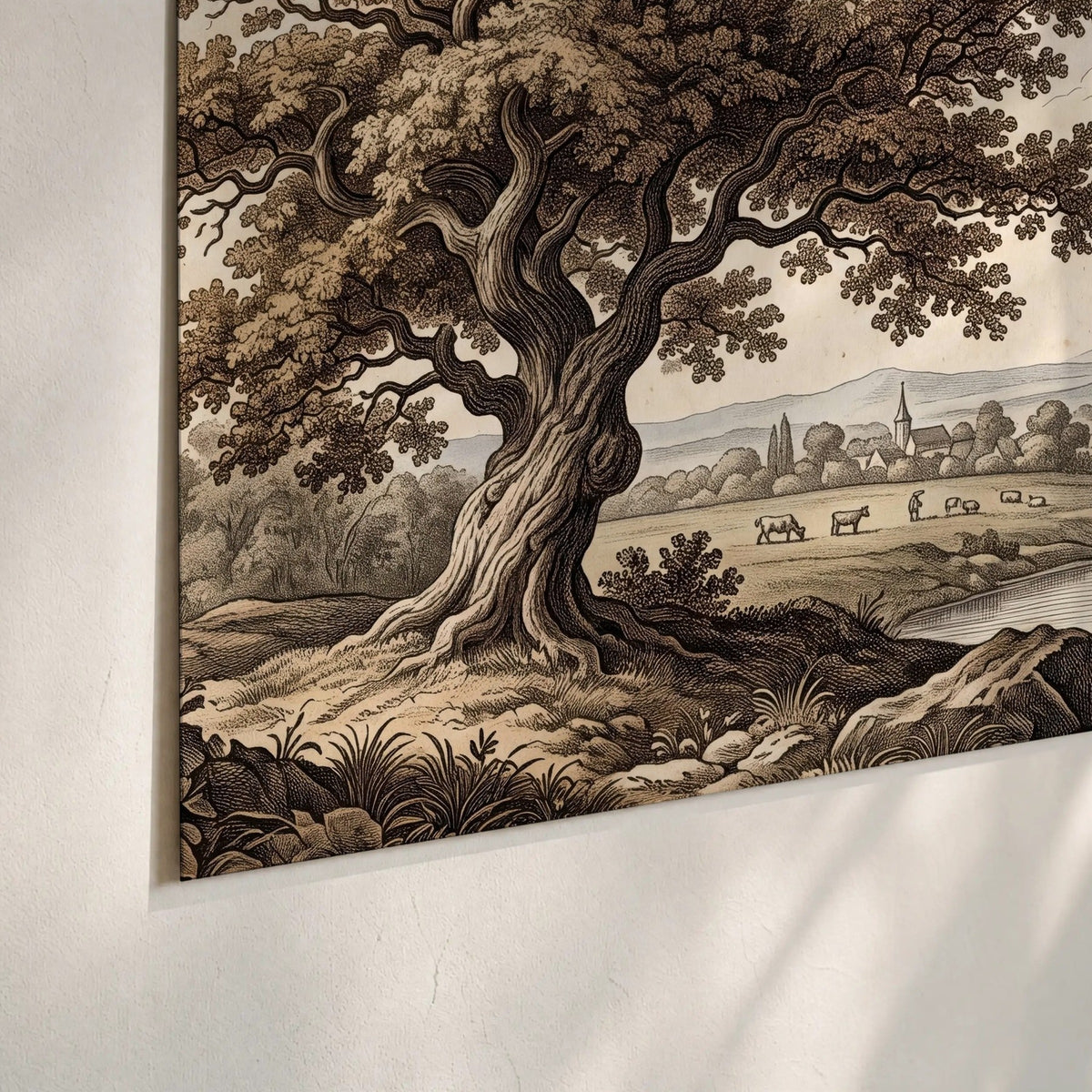 Vintage countryside engraving poster print close-up on matte paper
