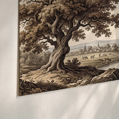 Vintage countryside engraving poster print close-up on matte paper
