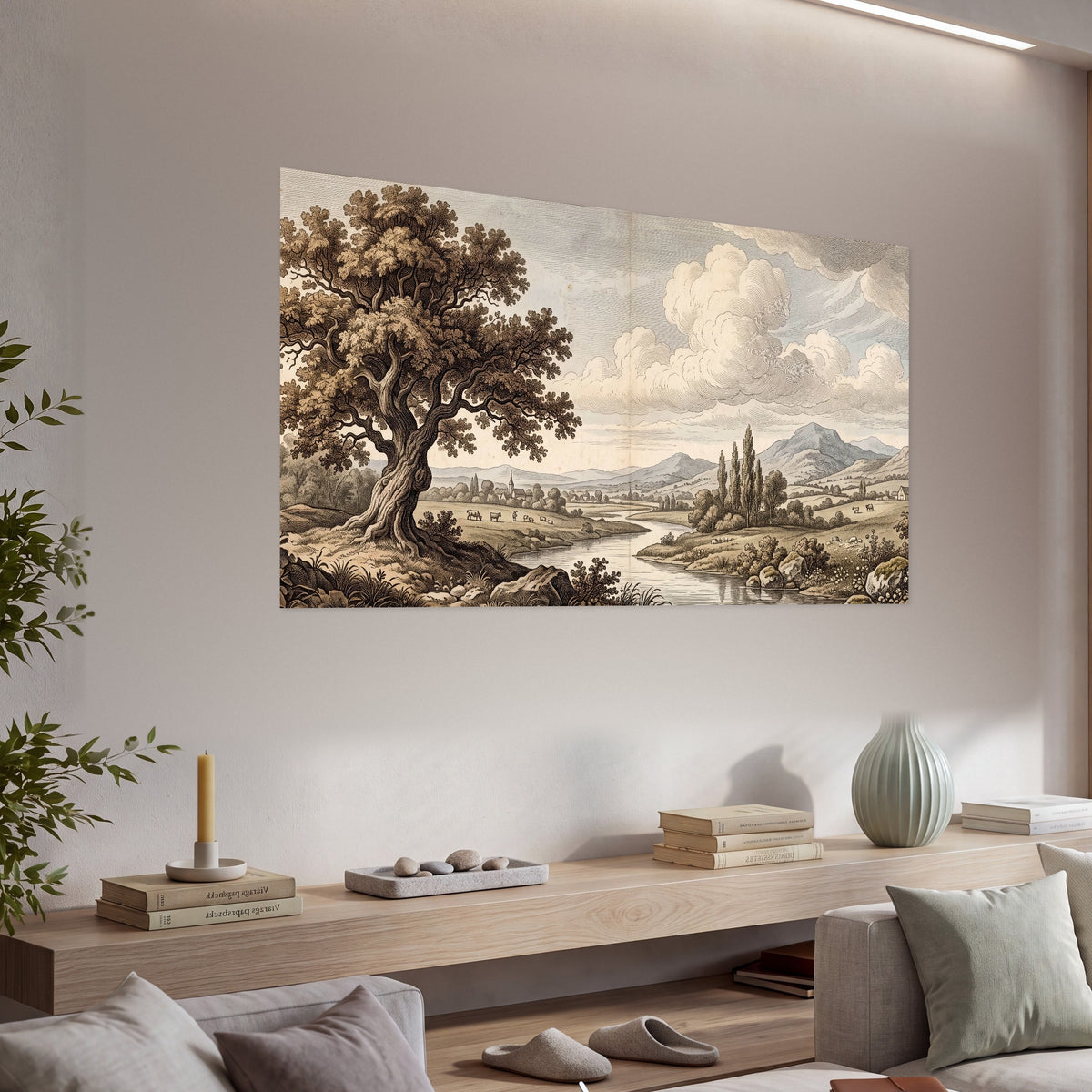 Vintage countryside engraving poster print in a living room above a console