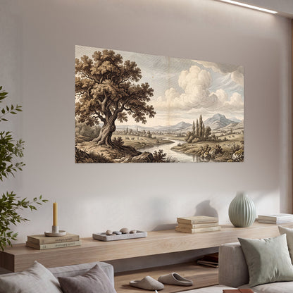 Vintage countryside engraving poster print in a living room above a console