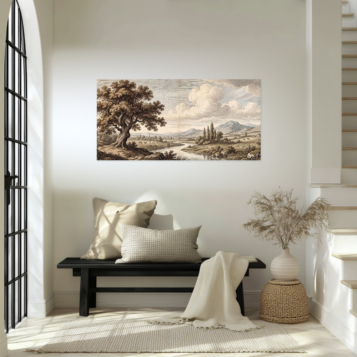 Vintage countryside engraving poster print in an entryway above a bench