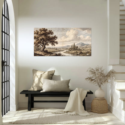 Vintage countryside engraving poster print in an entryway above a bench