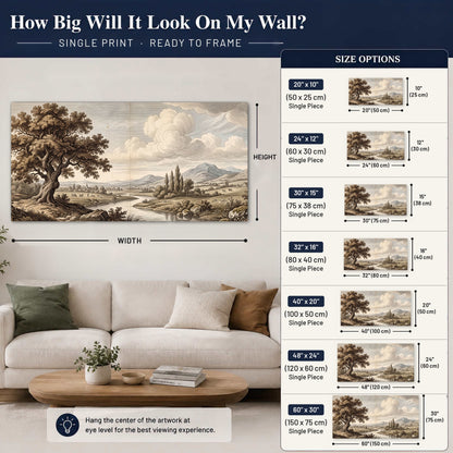 Vintage countryside engraving poster print size guide above a sofa