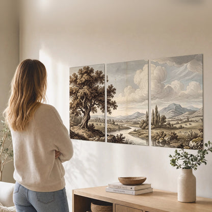 Vintage countryside engraving set of 3 poster prints in a living room