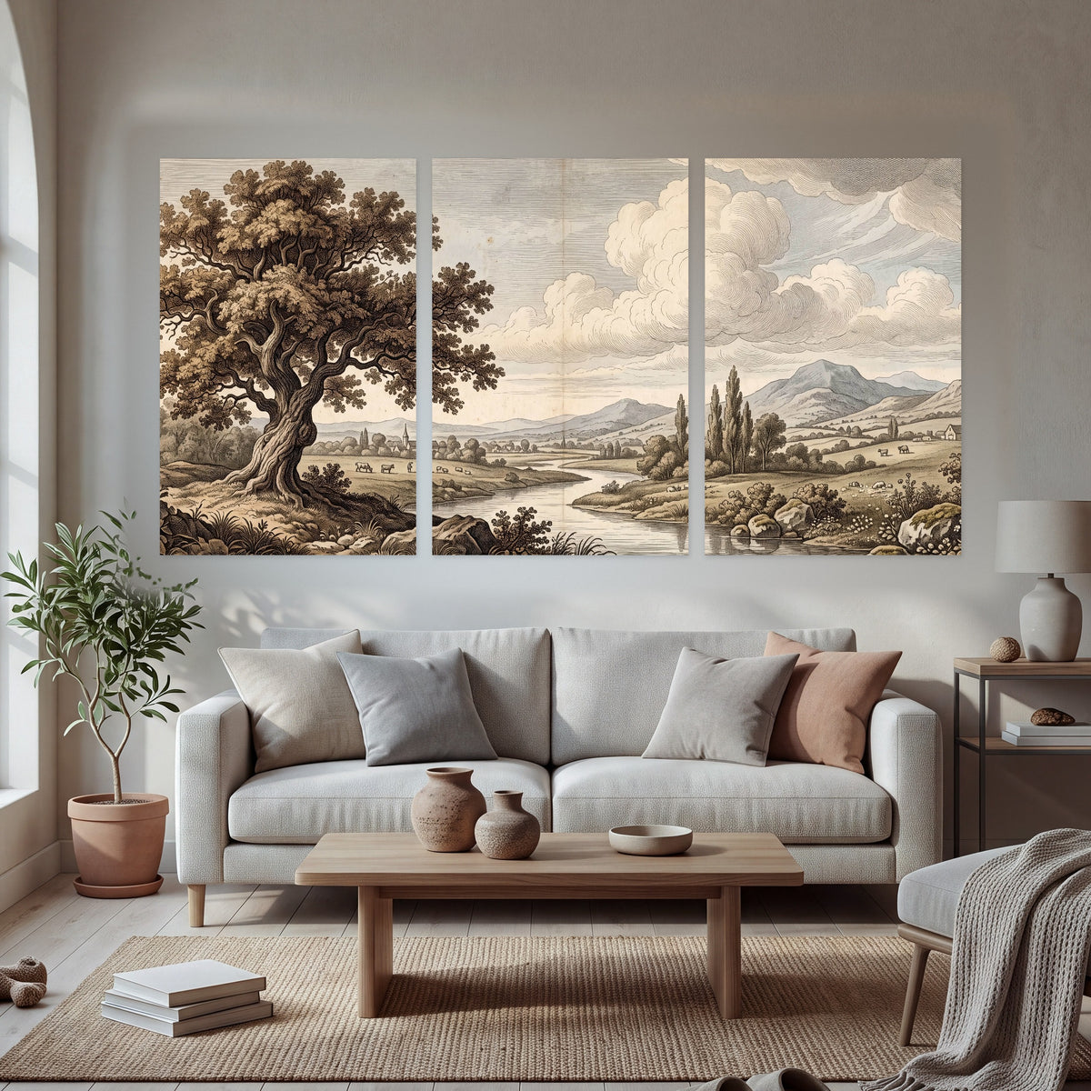 Vintage countryside engraving set of 3 poster prints in a bright living room