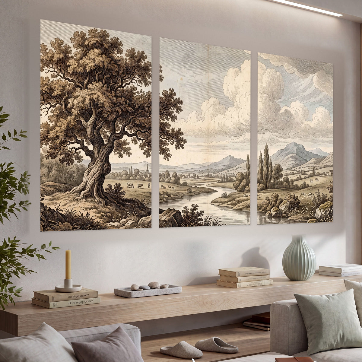 Vintage countryside engraving set of 3 poster prints in a living room above a console