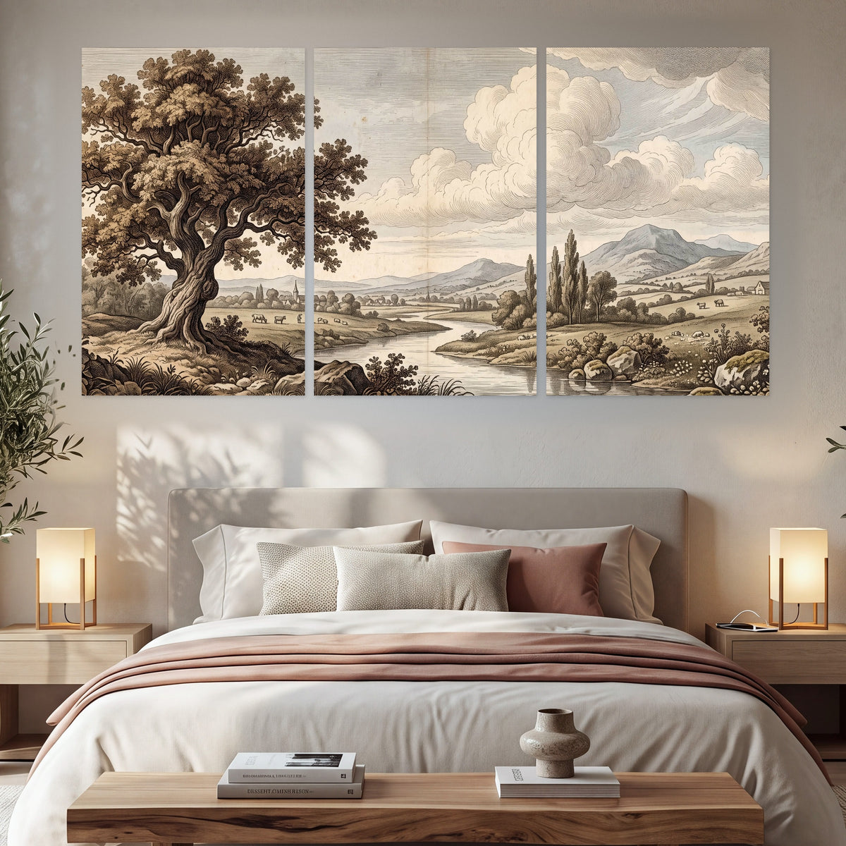 Vintage countryside engraving set of 3 poster prints in a bedroom above the bed