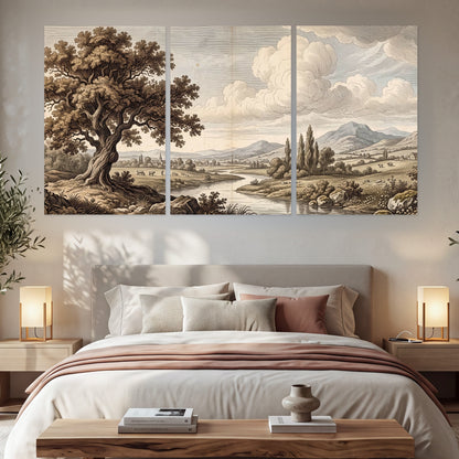 Vintage countryside engraving set of 3 poster prints in a bedroom above the bed