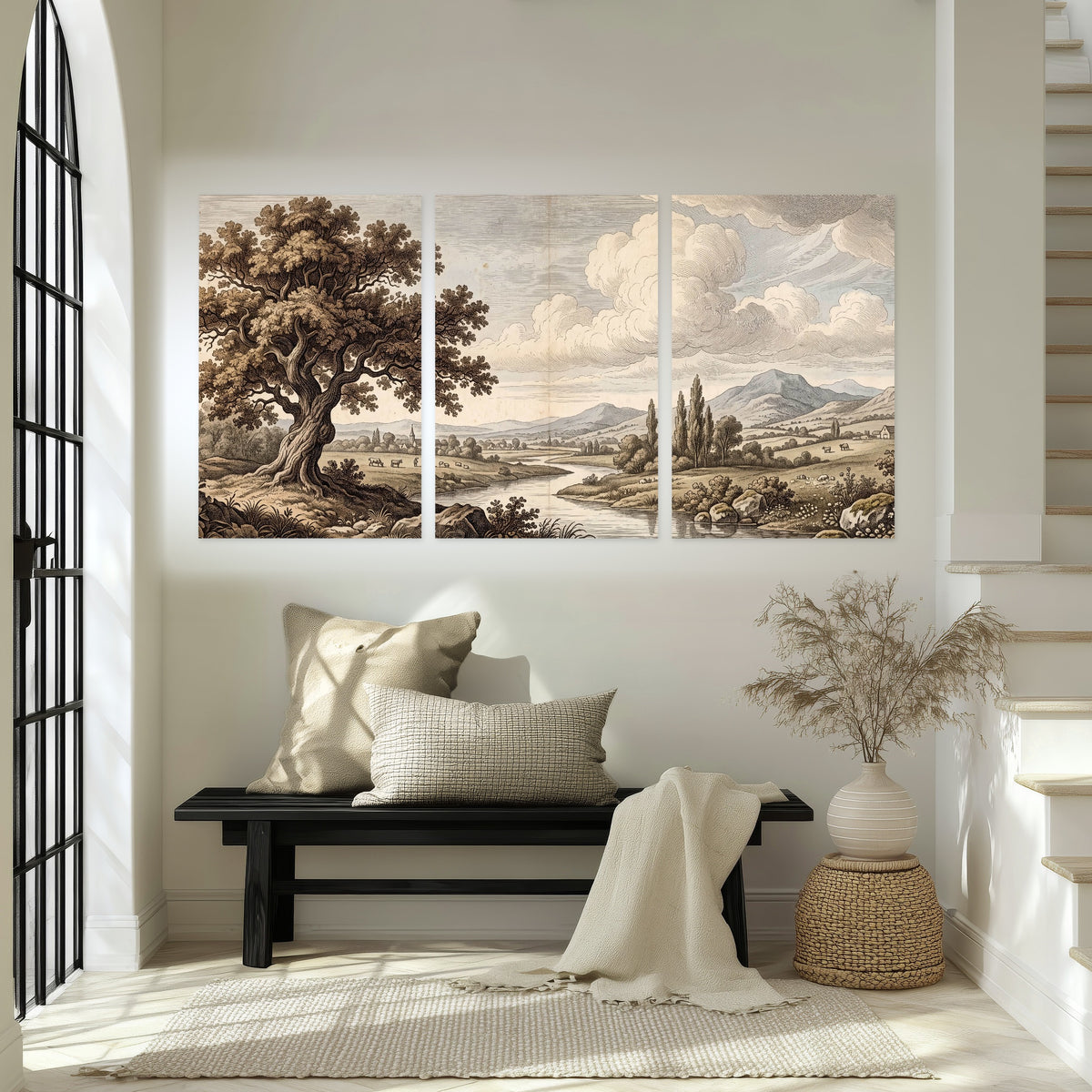 Vintage countryside engraving set of 3 poster prints in an entryway above a bench