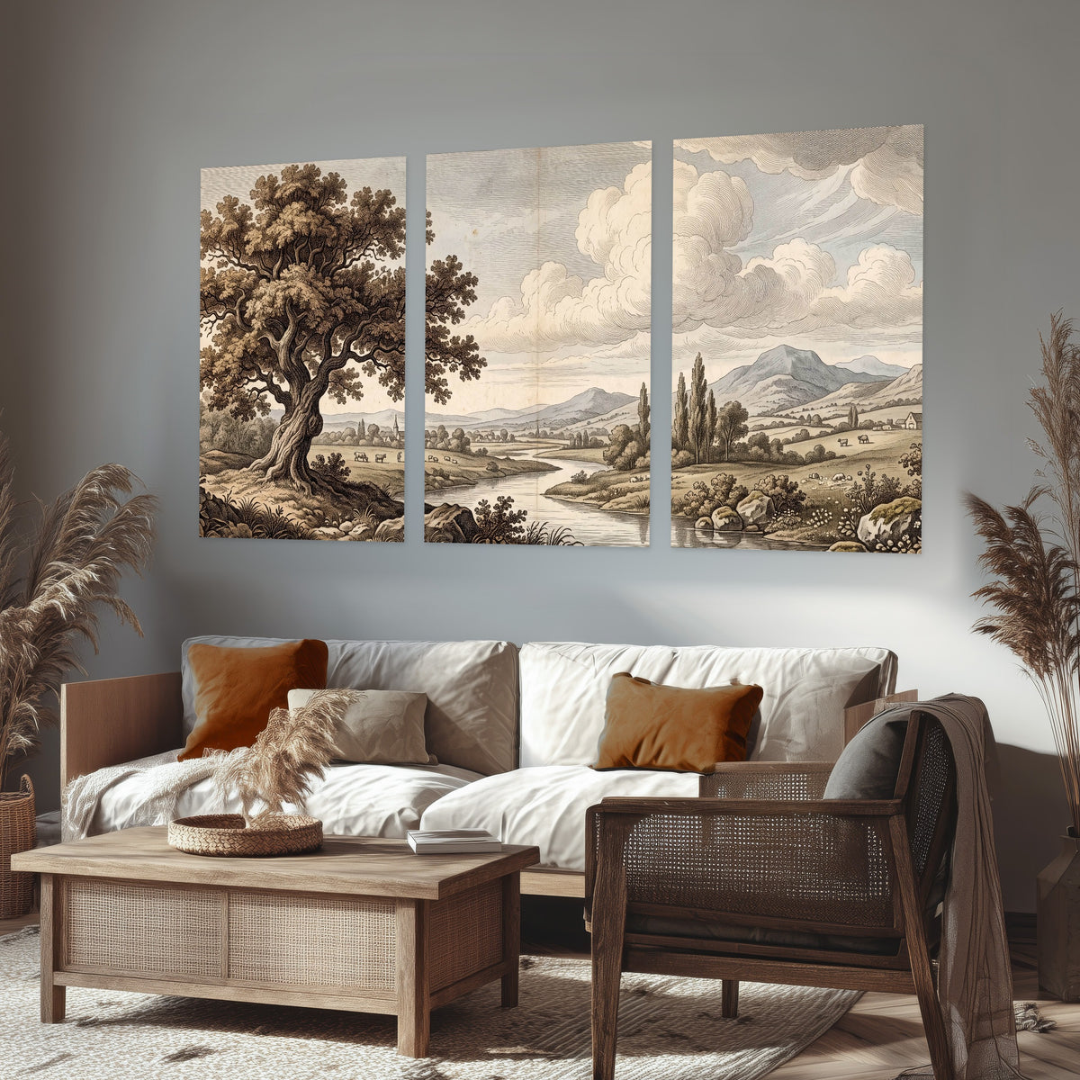 Vintage countryside engraving set of 3 poster prints in a rustic living room
