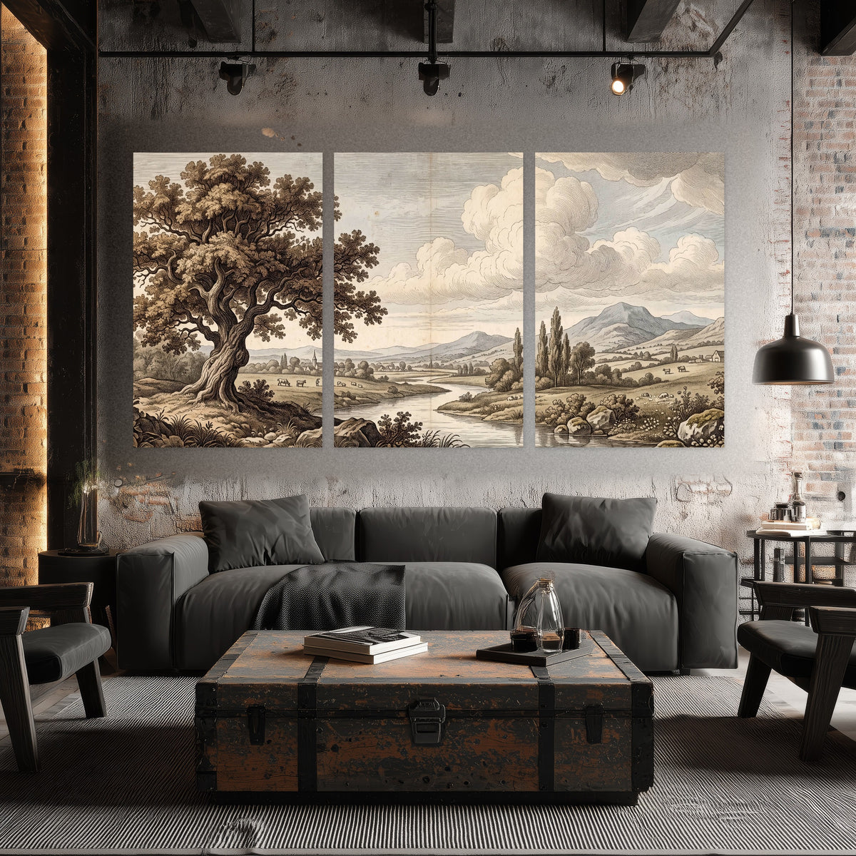 Vintage countryside engraving set of 3 poster prints in an industrial loft