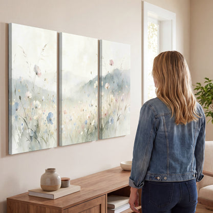 Watercolor wildflower meadow painting 3 piece canvas wall art in a living room