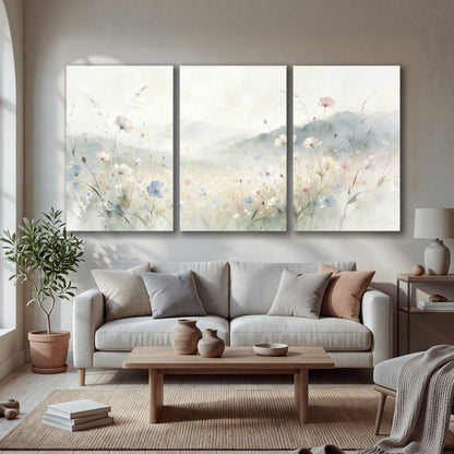 Watercolor wildflower meadow painting 3 piece canvas wall art in a bright living room