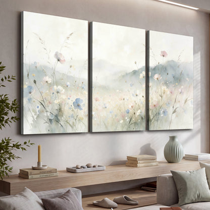 Watercolor wildflower meadow painting 3 piece canvas wall art in a living room above a console