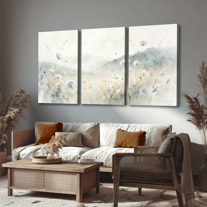 Watercolor wildflower meadow painting 3 piece canvas wall art in a rustic living room