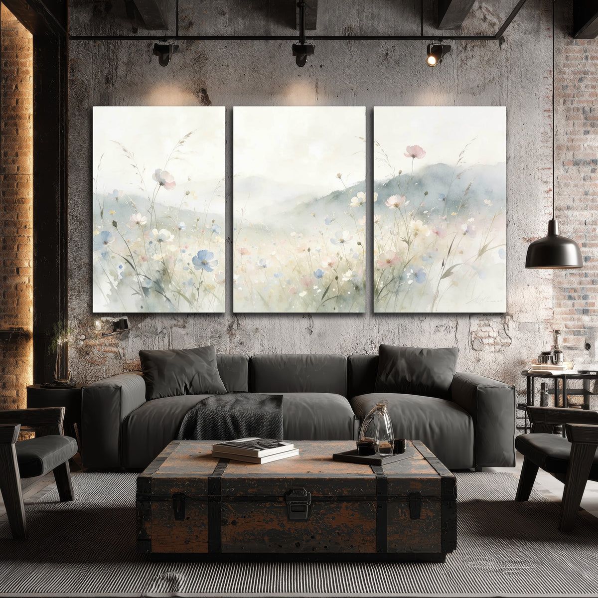 Watercolor wildflower meadow painting 3 piece canvas wall art in an industrial loft