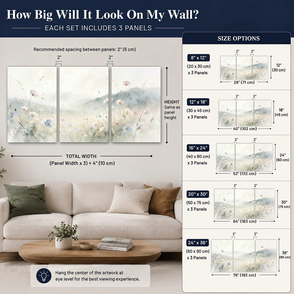 Watercolor wildflower meadow painting 3 piece canvas wall art size guide above a sofa
