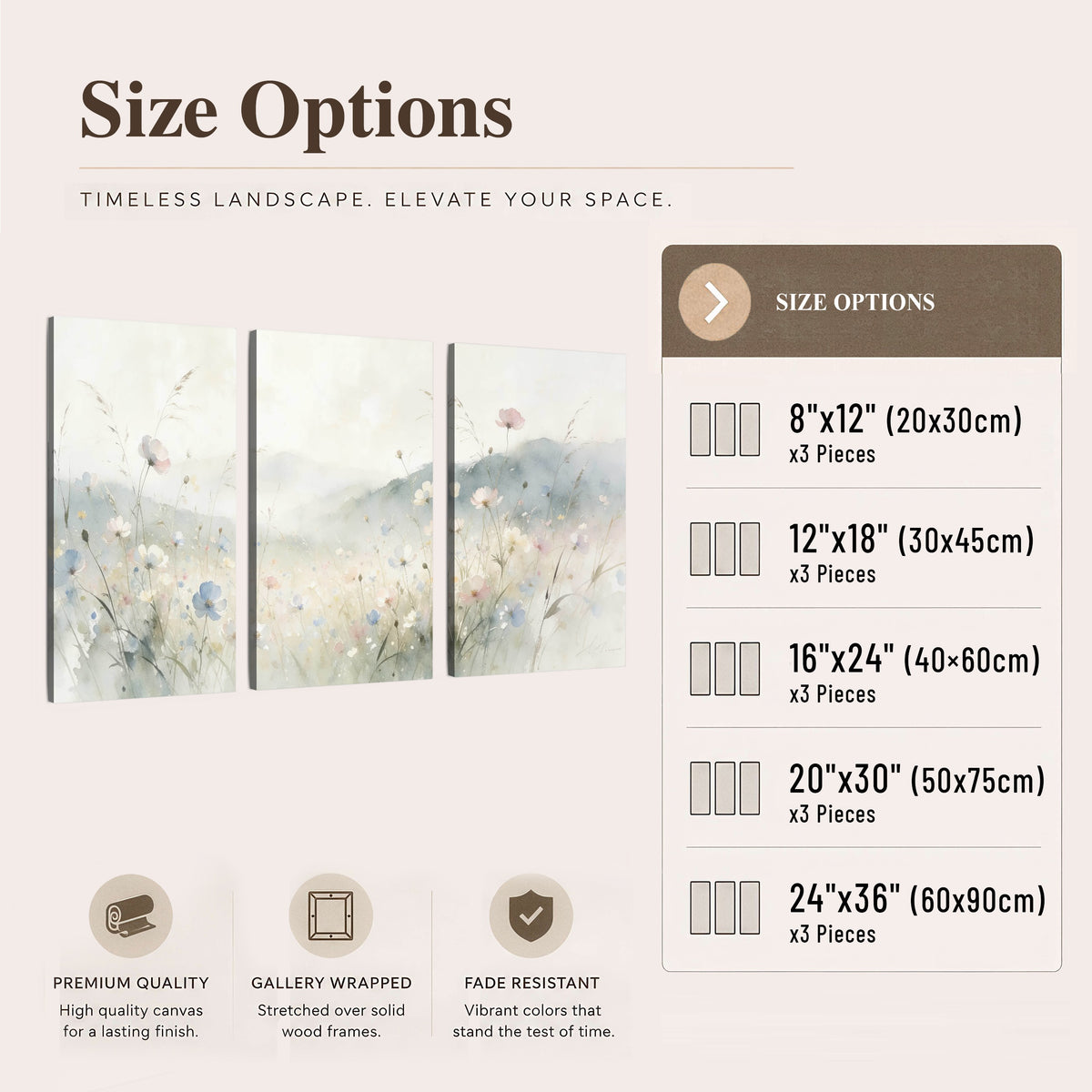 Watercolor wildflower meadow painting 3 piece canvas wall art size options