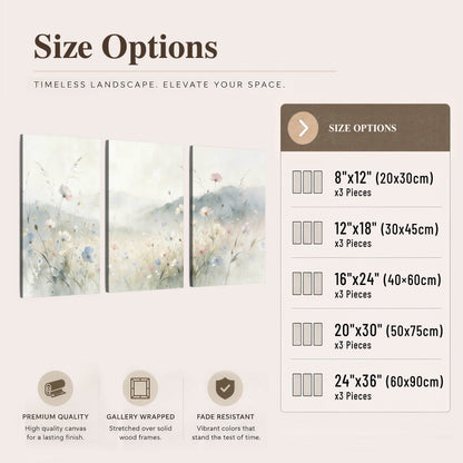 Watercolor wildflower meadow painting 3 piece canvas wall art size options
