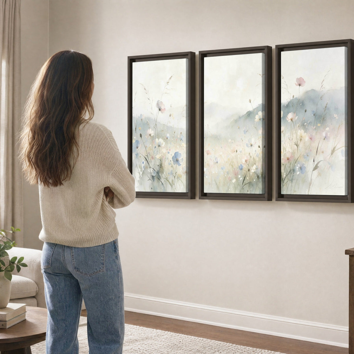 Watercolor wildflower meadow painting 3 piece framed canvas in a living room