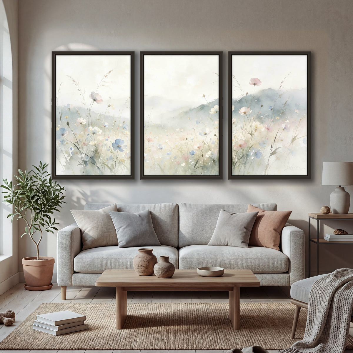 Watercolor wildflower meadow painting 3 piece framed canvas in a bright living room