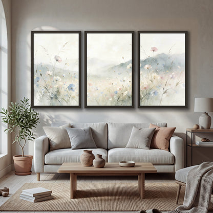 Watercolor wildflower meadow painting 3 piece framed canvas in a bright living room