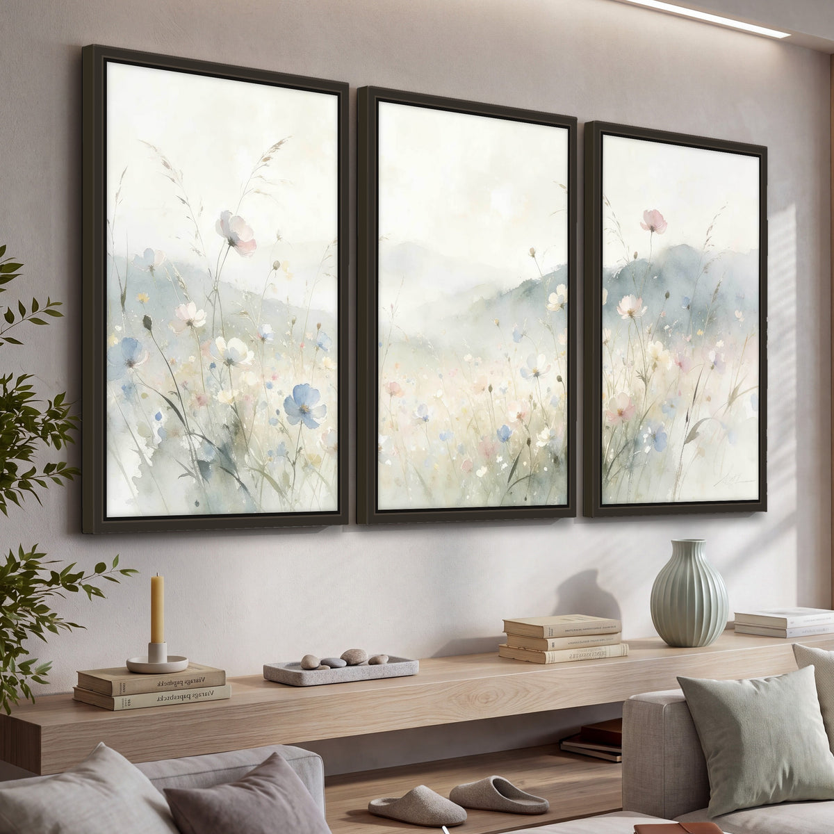 Watercolor wildflower meadow painting 3 piece framed canvas in a living room above a console