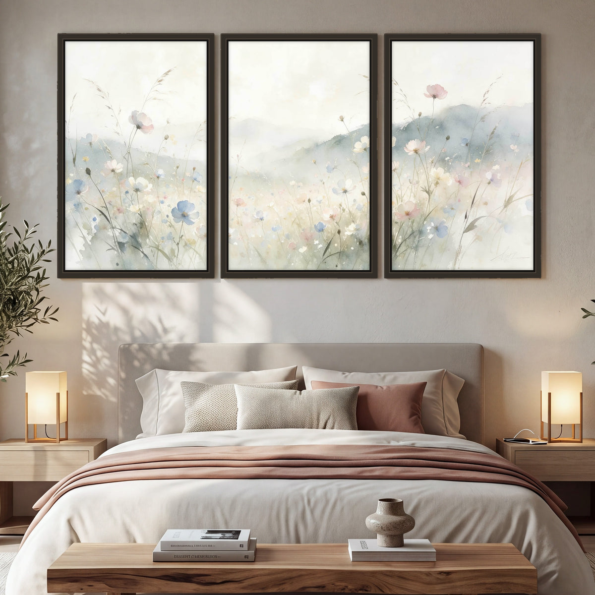 Watercolor wildflower meadow painting 3 piece framed canvas in a bedroom above the bed