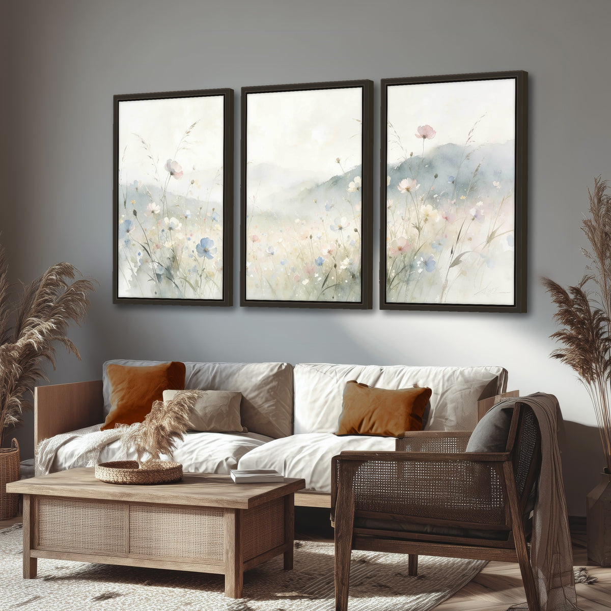 Watercolor wildflower meadow painting 3 piece framed canvas in a rustic living room