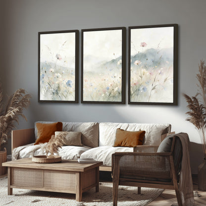 Watercolor wildflower meadow painting 3 piece framed canvas in a rustic living room