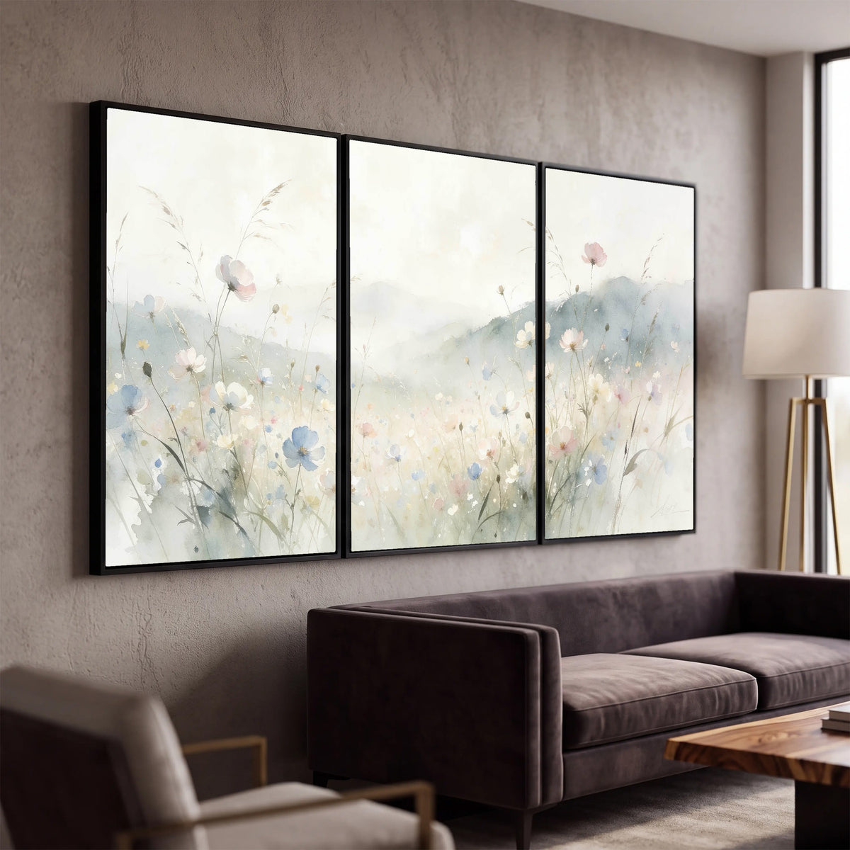 Watercolor wildflower meadow painting 3 piece framed canvas in a modern living room