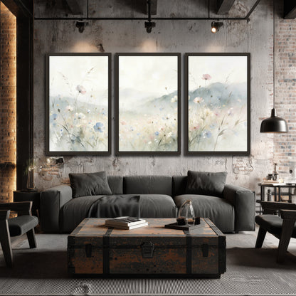 Watercolor wildflower meadow painting 3 piece framed canvas in an industrial loft