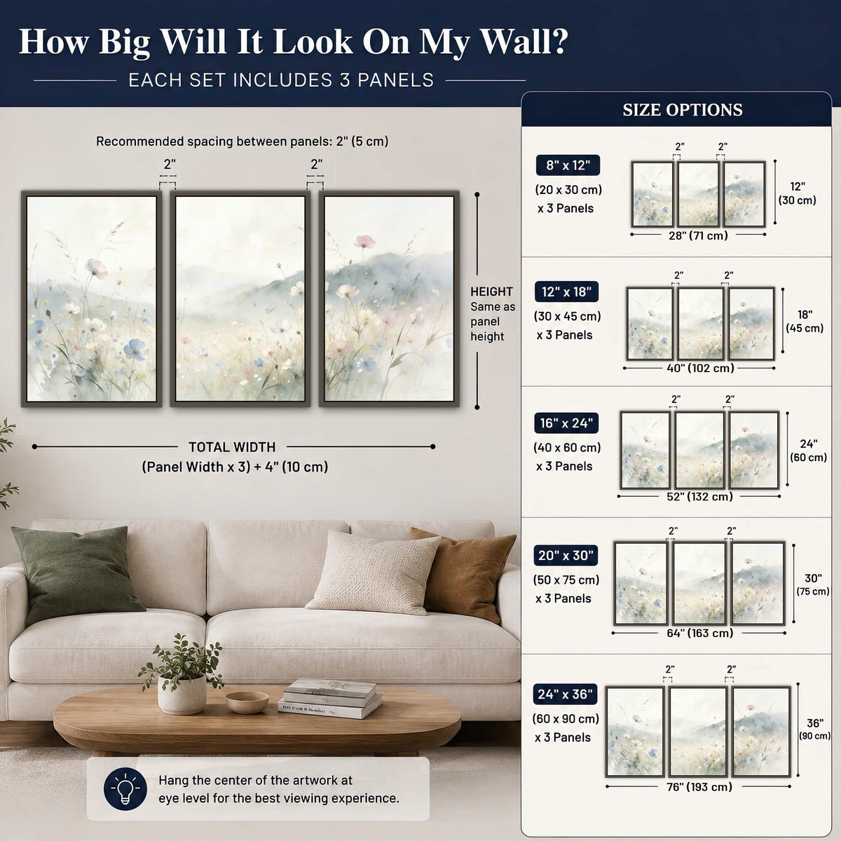 Watercolor wildflower meadow painting 3 piece framed canvas size guide above a sofa