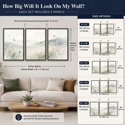 Watercolor wildflower meadow painting 3 piece framed canvas size guide above a sofa