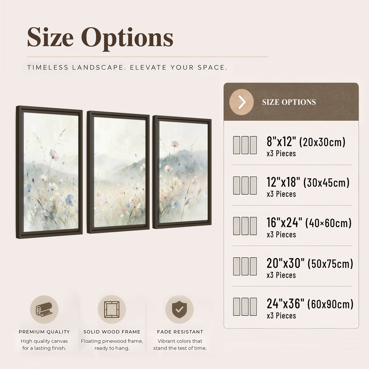 Watercolor wildflower meadow painting 3 piece framed canvas size options