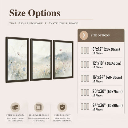 Watercolor wildflower meadow painting 3 piece framed canvas size options