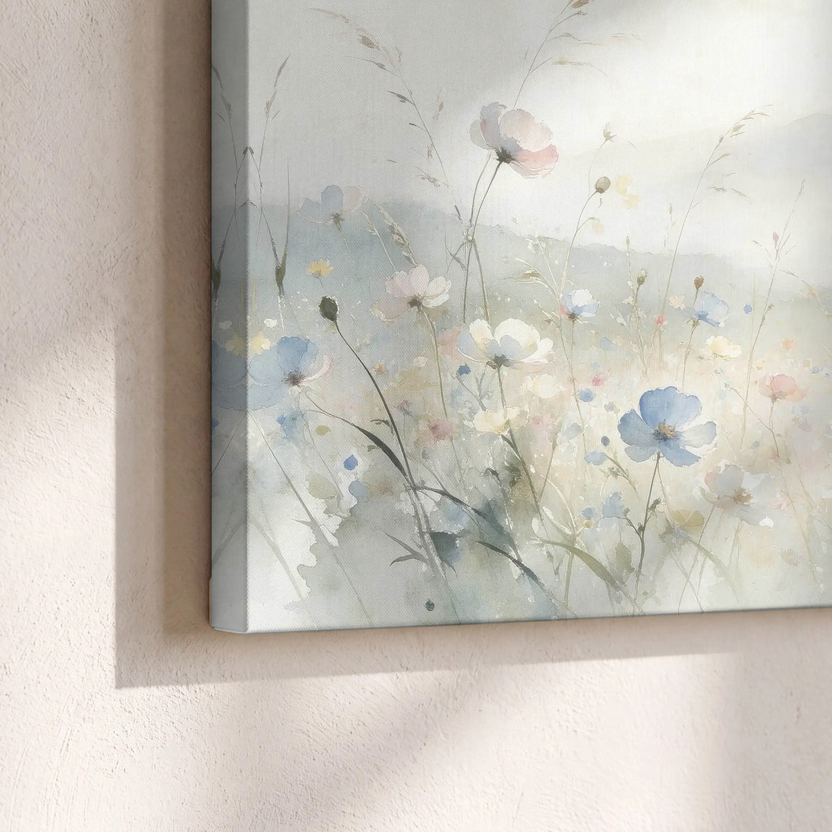 Watercolor wildflower meadow painting canvas print close-up showing the gallery-wrapped edge