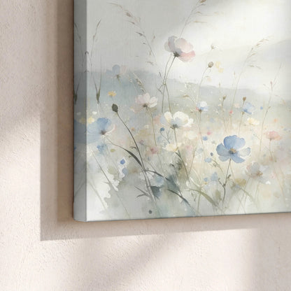 Watercolor wildflower meadow painting canvas print close-up showing the gallery-wrapped edge