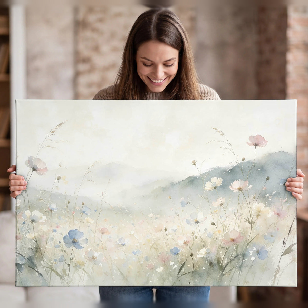 Watercolor wildflower meadow painting canvas wall art held in hands