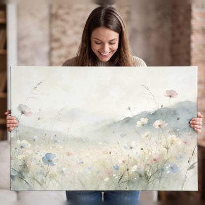 Watercolor wildflower meadow painting canvas wall art held in hands