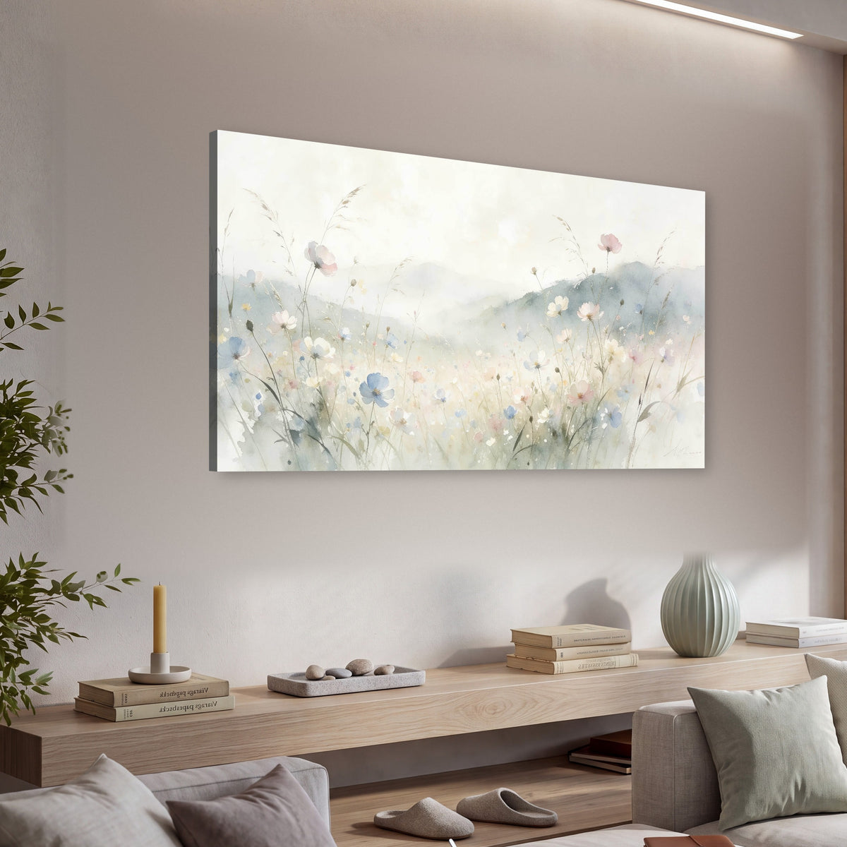 Watercolor wildflower meadow painting canvas wall art in a living room above a console