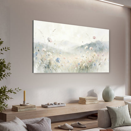 Watercolor wildflower meadow painting canvas wall art in a living room above a console