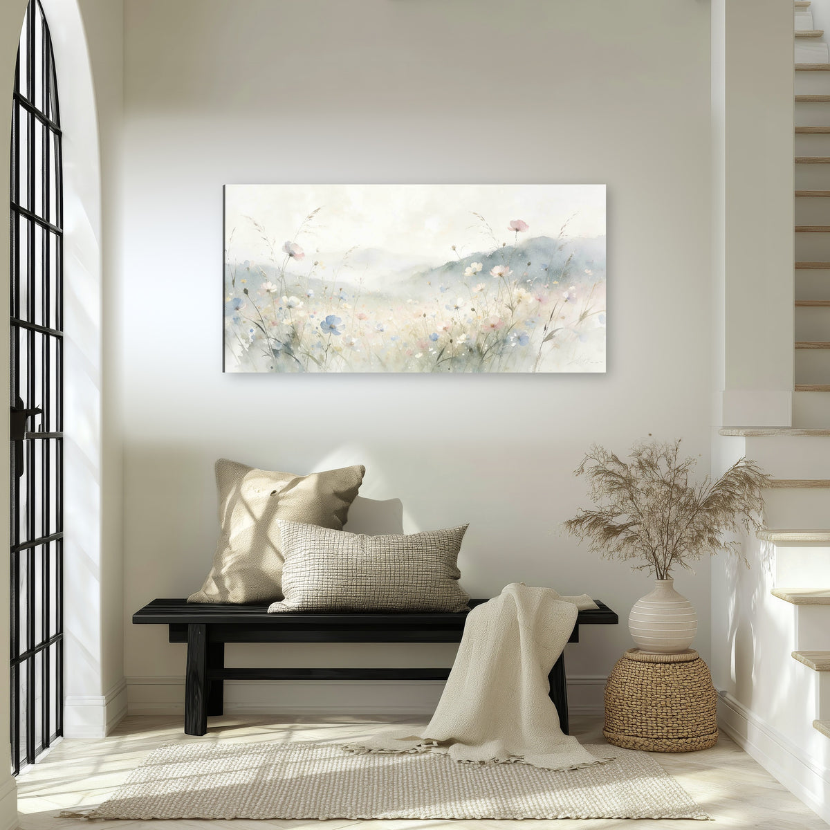 Watercolor wildflower meadow painting canvas wall art in an entryway above a bench
